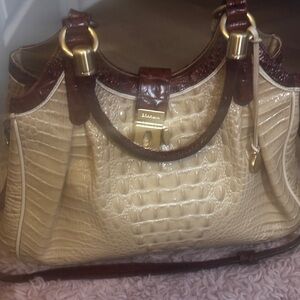 Brahmin Large Finley Satchel – Beige with Brown Trim